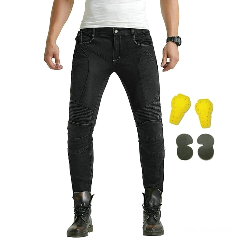 Gothic motorcycle protection jeans with reinforced knee armor and color blocking design detail