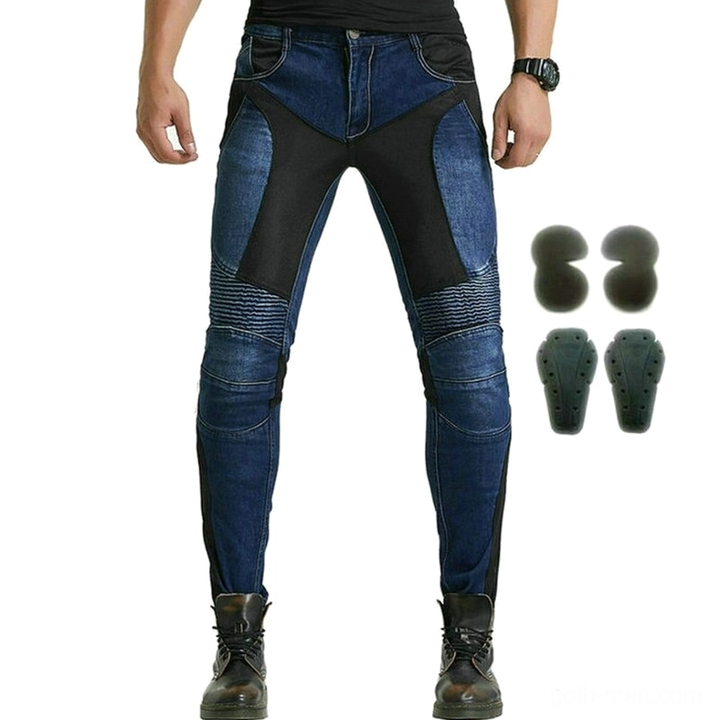 Motorcycle riding jeans with protective panels and grey armor pad system front view