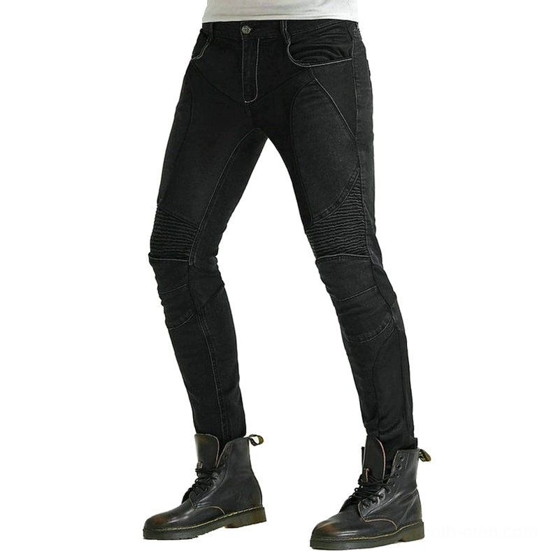 Gothic biker jeans with reinforced hip and knee protection and dark aesthetic