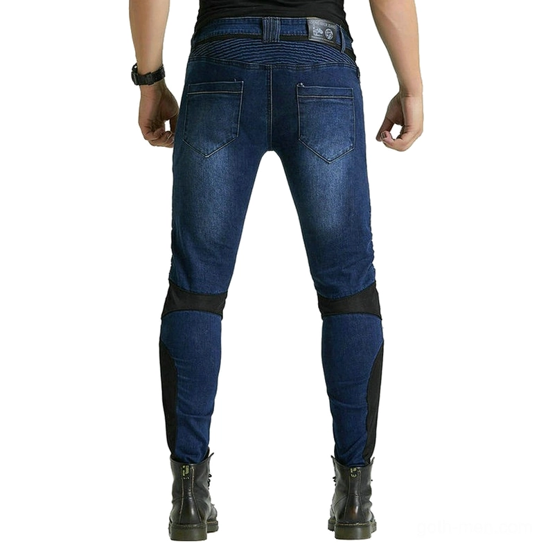 Motorcycle protection denim rear full view with ribbed waist and rear pocket details