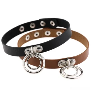 Gothic PU leather choker with dual zinc alloy rings, black and brown tones, front flat lay view
