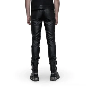 Black gothic slim-fit leather pants rear view on male model, showing tapered leg and back pocket details