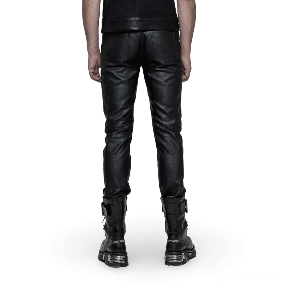 Black gothic slim-fit leather pants rear view on male model, showing tapered leg and back pocket details