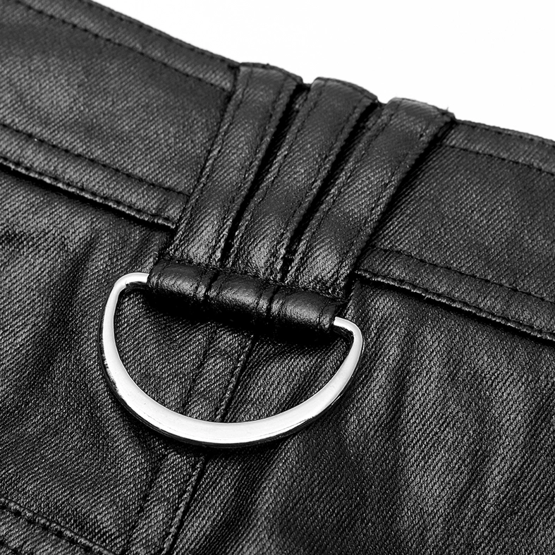 Close-up side view of black gothic pants silver D-ring buckle and leather belt loops hardware