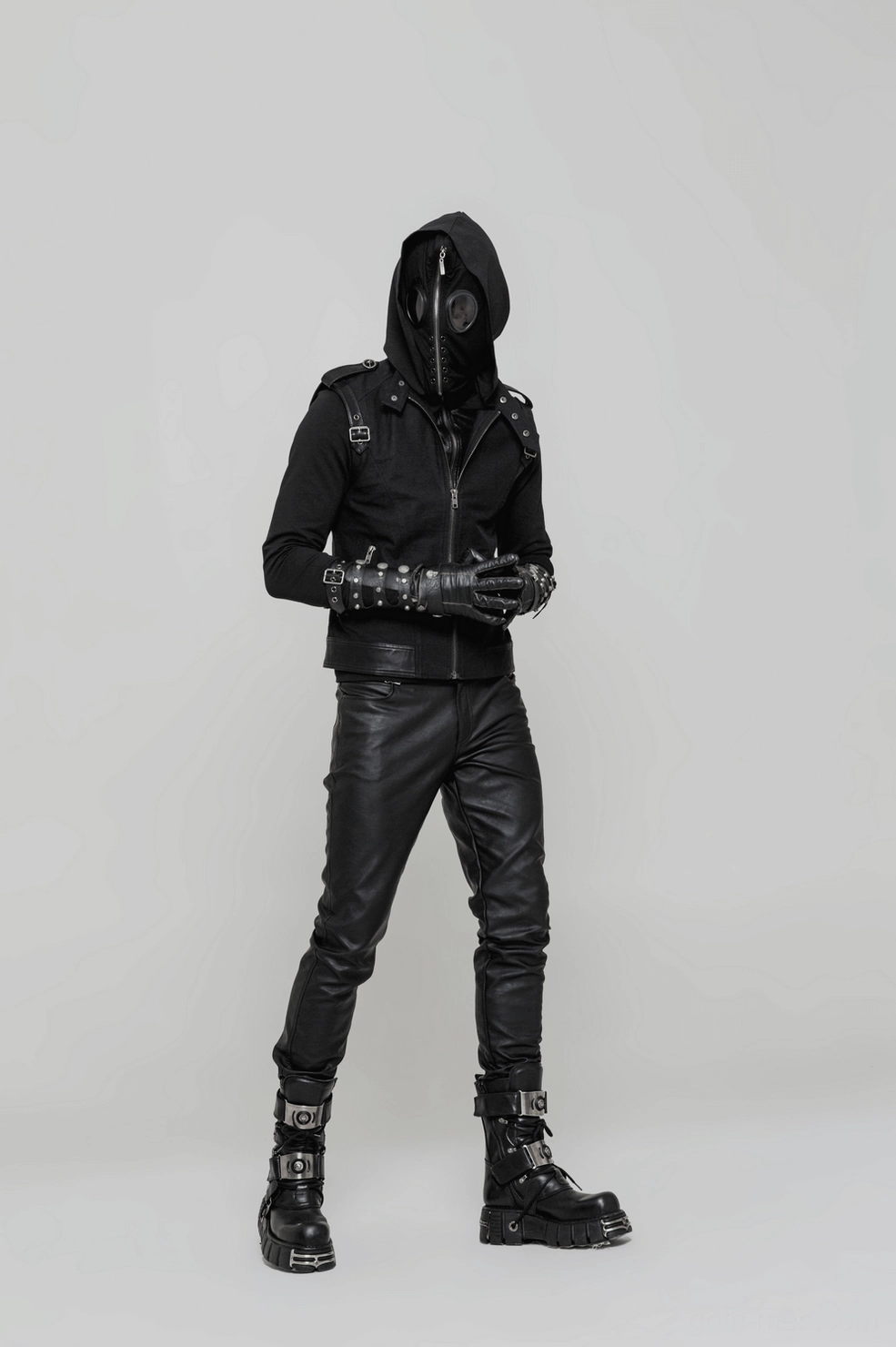 Black gothic PU leather slim-fit pants front full-length flat lay, emphasizing fitted silhouette and waistband design