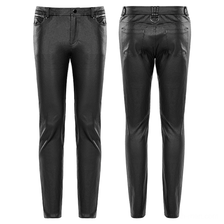 Black gothic PU leather slim pants flat lay front and rear view, showing D-ring waist buckles and silhouette