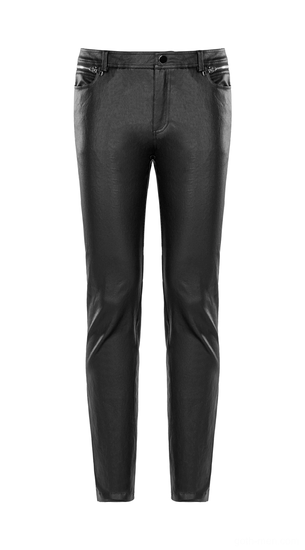 Black gothic leather slim-fit pants flat lay front view, close-up of zipper fly waistband and hardware
