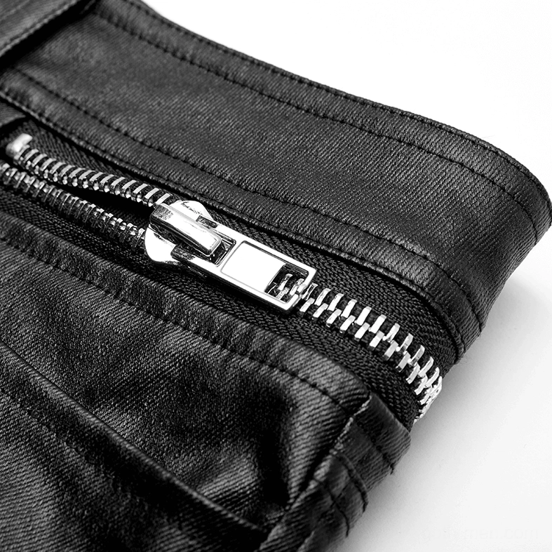 Black gothic PU leather slim-fit pants alternative styling detail shot, showcasing material sheen and construction quality