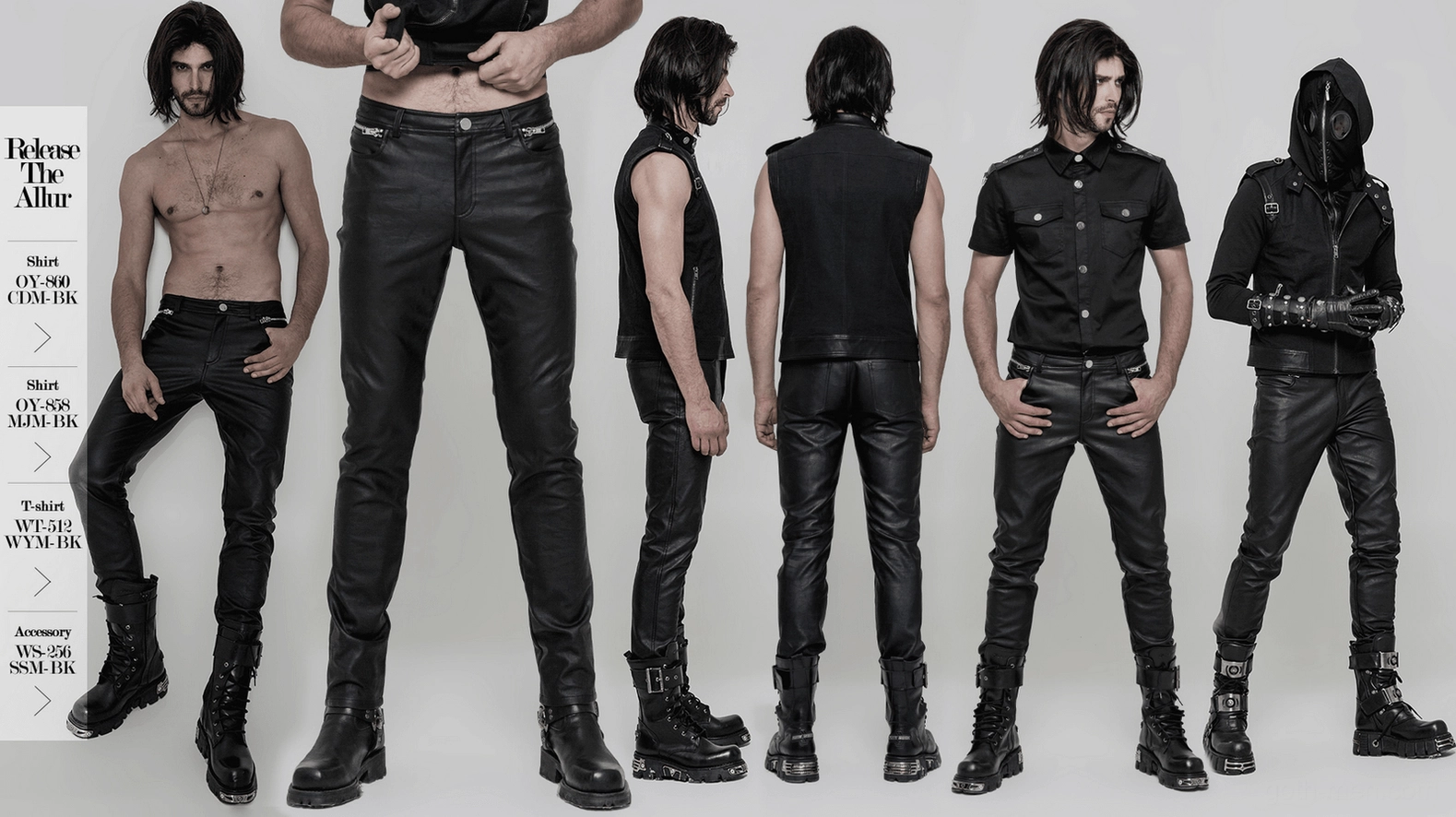 Black gothic leather slim-fit pants close-up of PU material texture and lustrous finish detail
