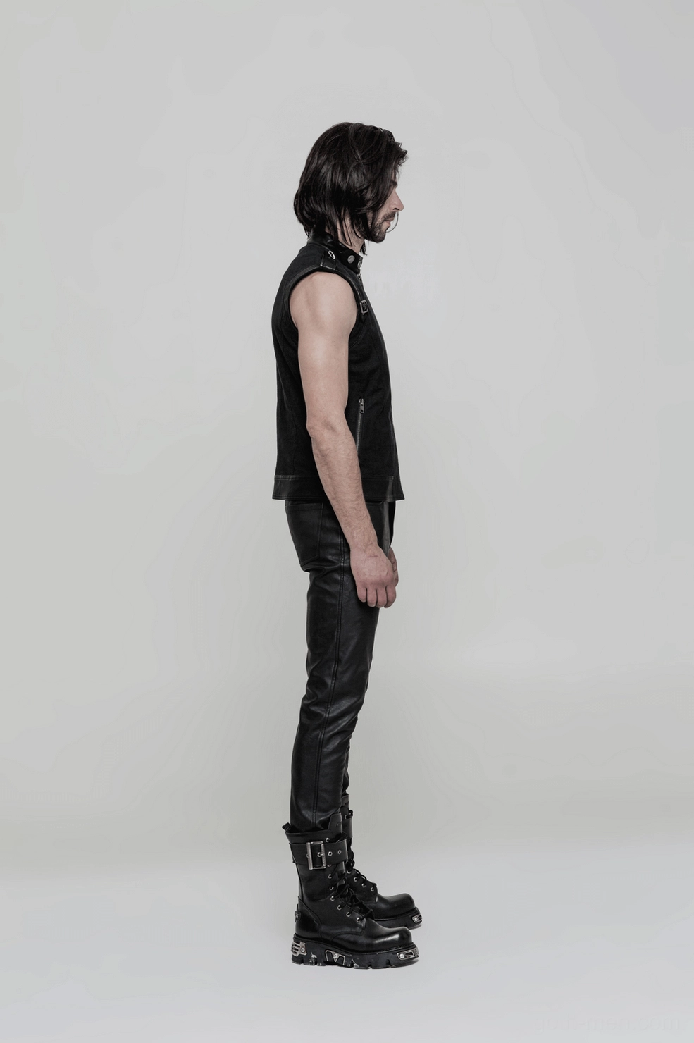 Black gothic leather slim pants full body rear view flat lay, showing overall proportions and tapered leg