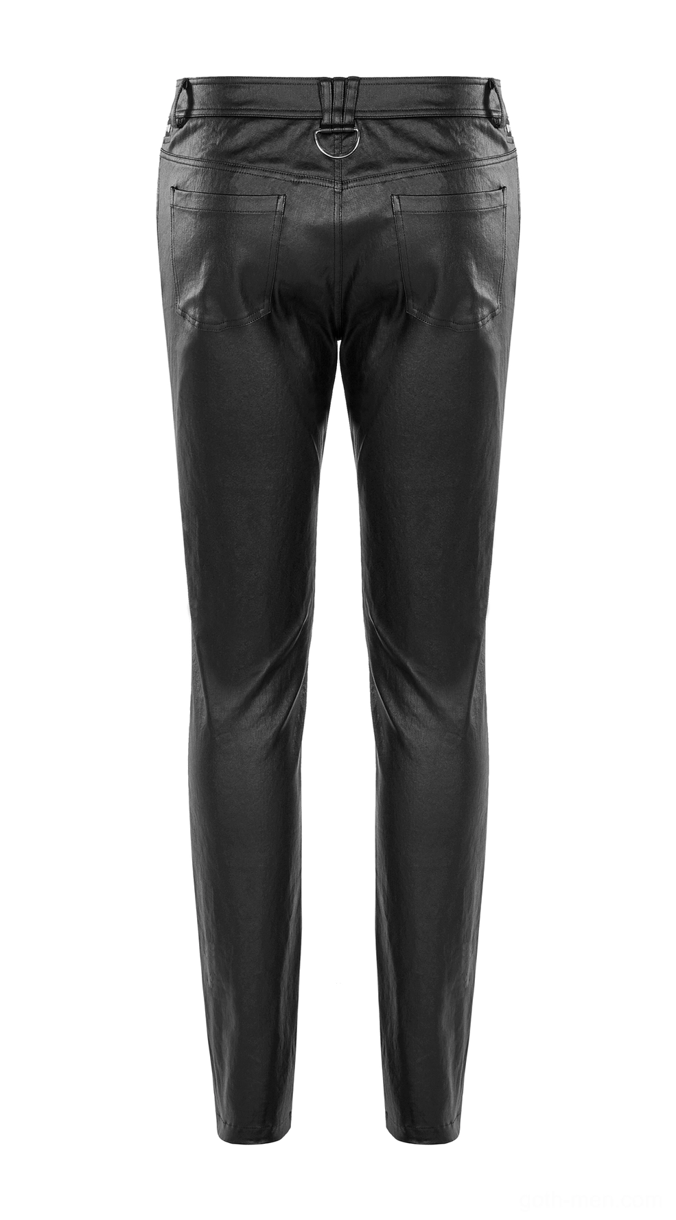 Black gothic leather slim pants rear flat lay, close-up of stitched patch back pockets and construction