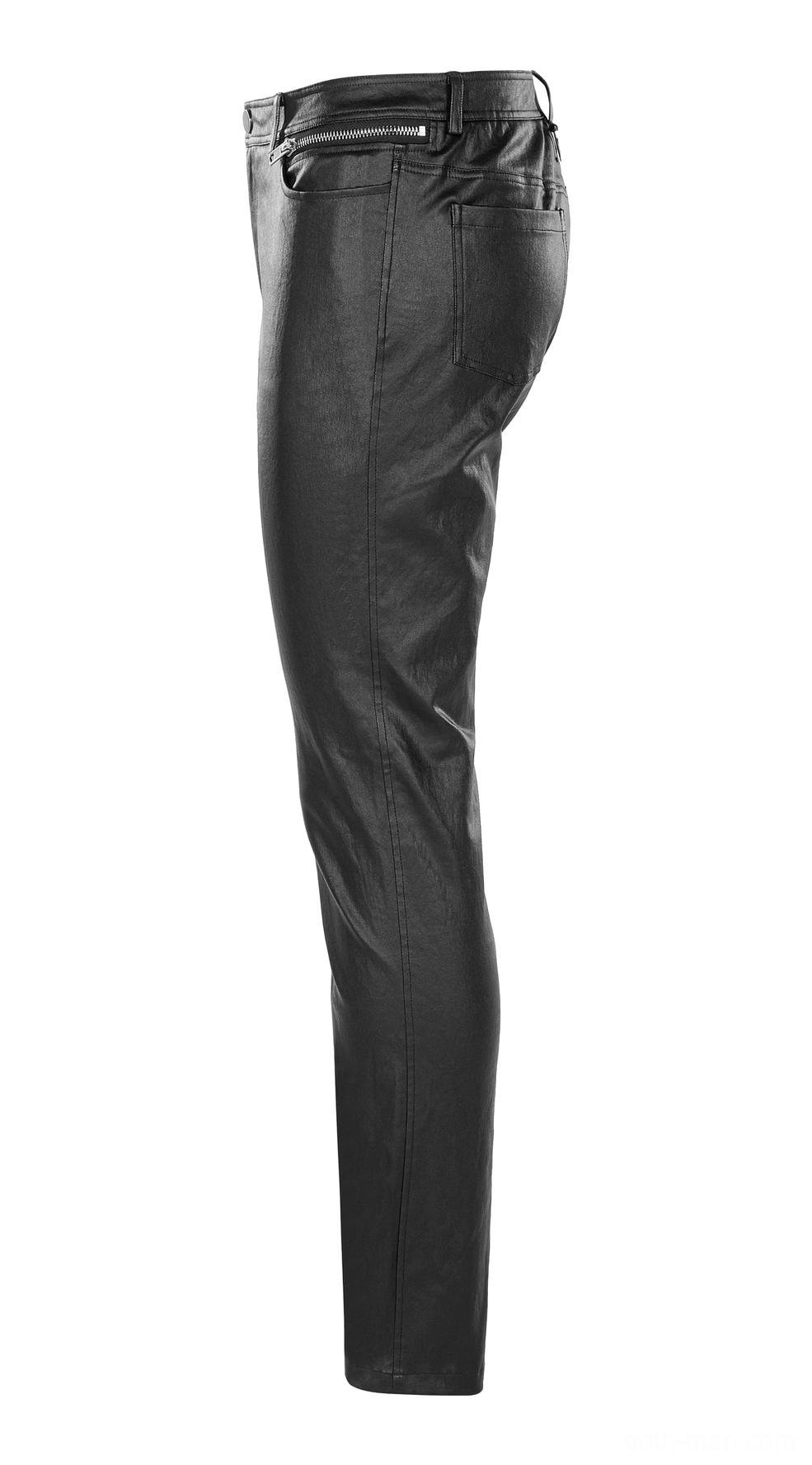Black gothic PU leather pants side flat lay view, showing side zipper pocket and tapered silhouette