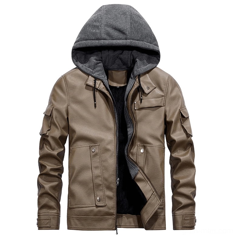 Gothic PU leather hooded moto jacket detail shot showing zipper quality and hood construction