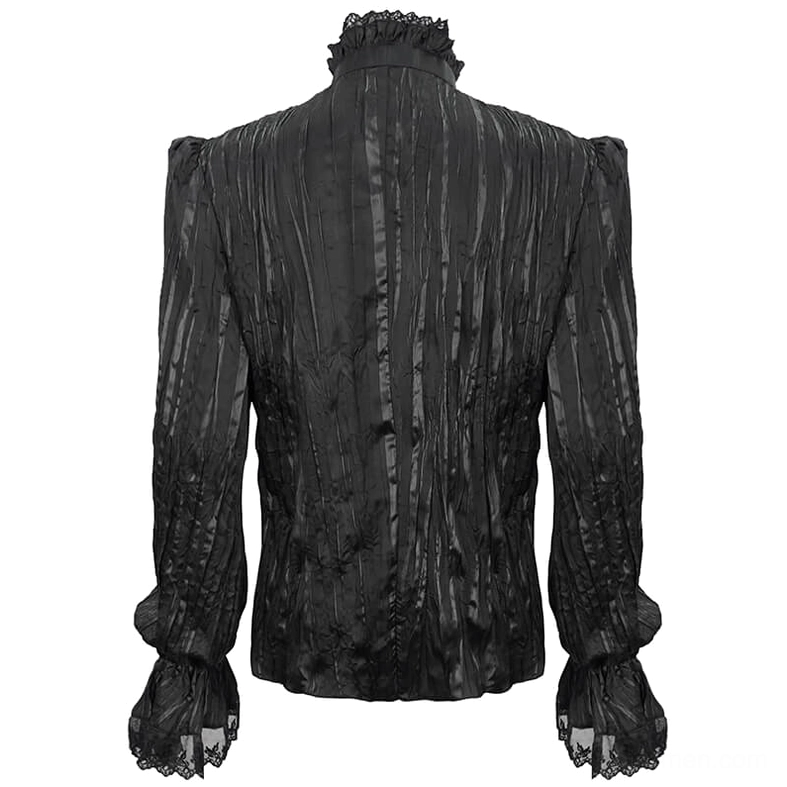 Men's gothic black ruffled shirt back flat view showing fitted construction and intentional wrinkled striped fabric finish
