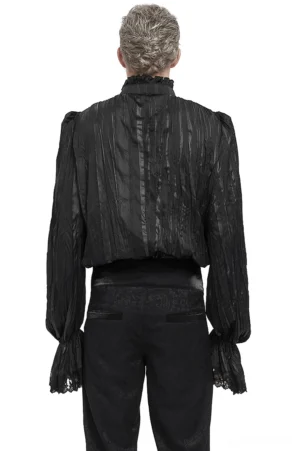 Men's gothic black ruffled shirt back view showing high lace collar and fitted silhouette paired with black trousers