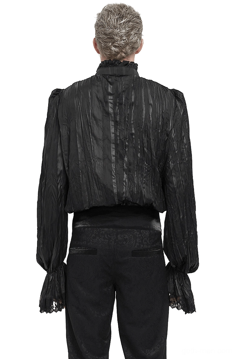 Men's gothic black ruffled shirt back view showing high lace collar and fitted silhouette paired with black trousers