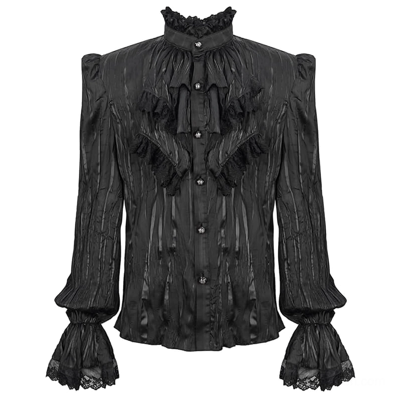 Men's gothic puff sleeve ruffled shirt flat lay front view showing lace-trimmed cuffs, gathered puff sleeves, and front button placket