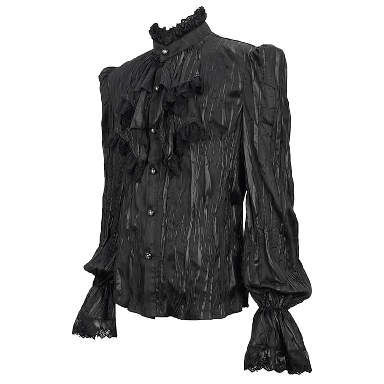 Men's gothic black ruffled shirt front flat view displaying lace stand collar, vertical ruffle details, and wrinkled satin fabric texture