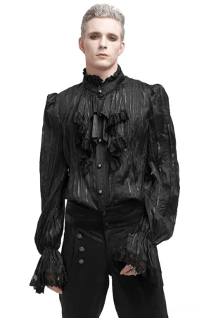 Men's gothic puff sleeved black ruffled shirt front three-quarter view with lace stand collar and embossed metal buttons worn by male model