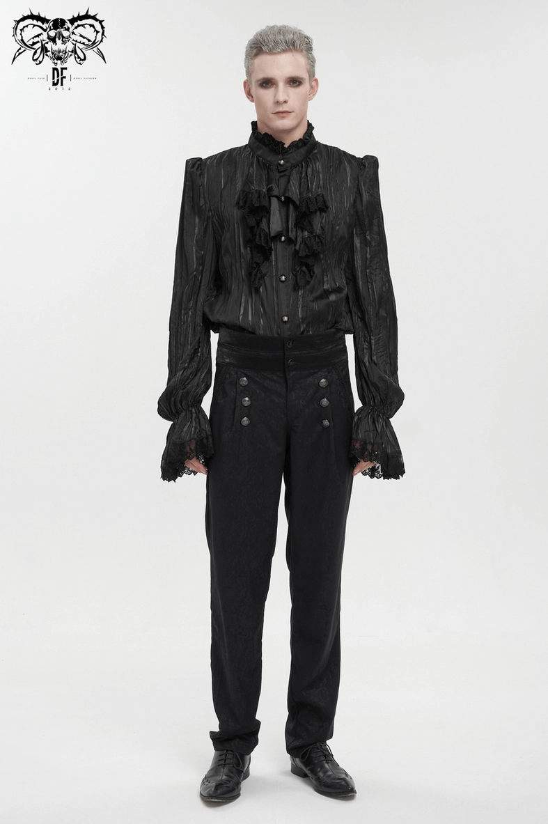 Men's gothic puff sleeve ruffled shirt full body view highlighting dramatic silhouette and statement design elements