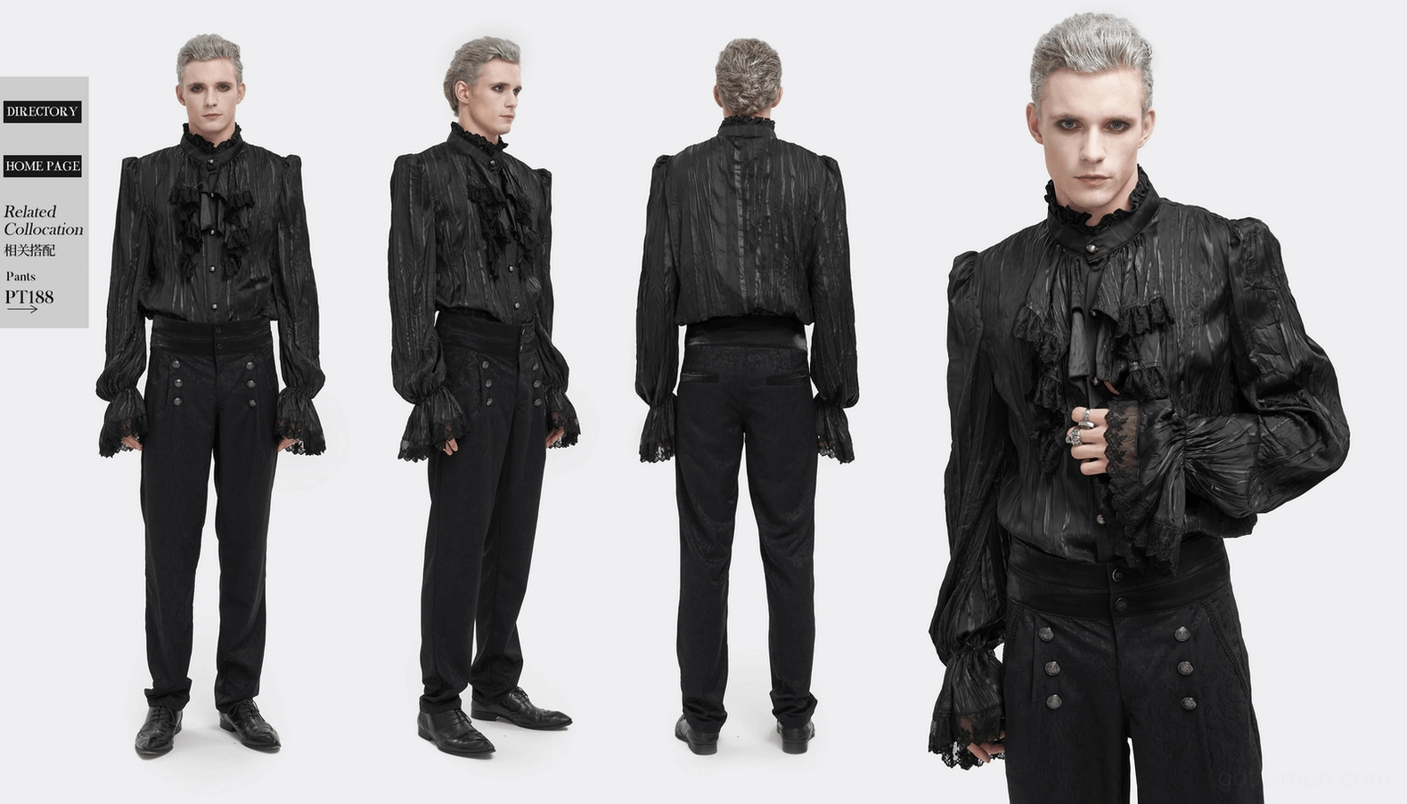 Men's gothic puff sleeved ruffled shirt complete overview featuring all design elements and removable chain customization