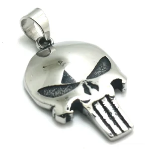 Gothic Punisher skull pendant front view - polished stainless steel with engraved facial details, alternative rock jewelry
