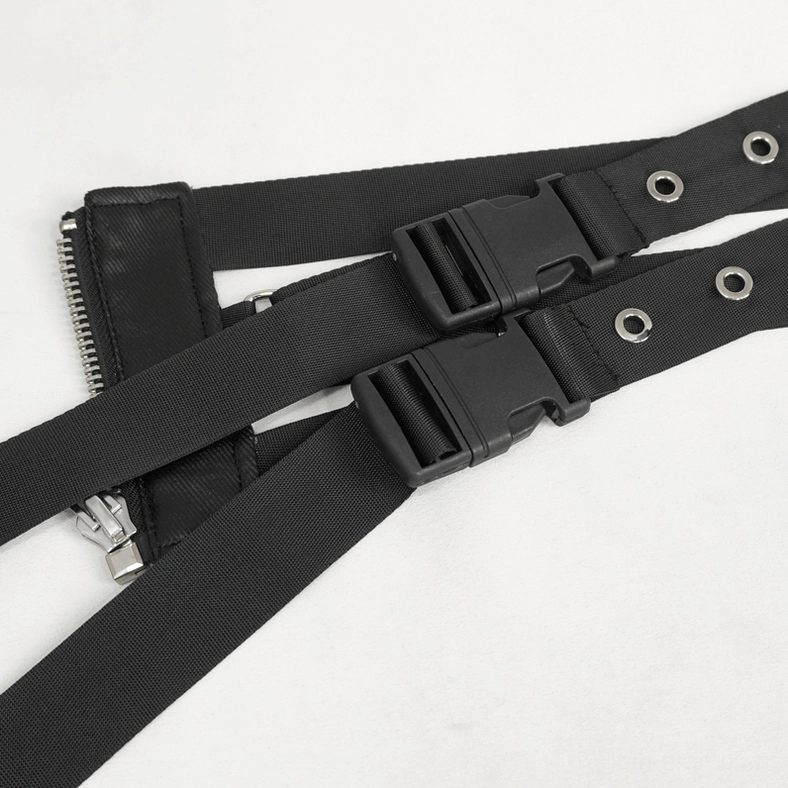 Front angle close-up of punk belt hardware featuring plastic quick-release buckles, side zipper, and metal eyelets