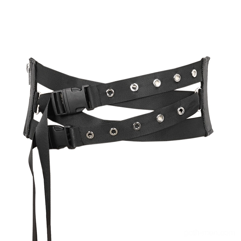Flat lay product shot of black dual-strap punk belt with metal eyelets and plastic buckles on white background