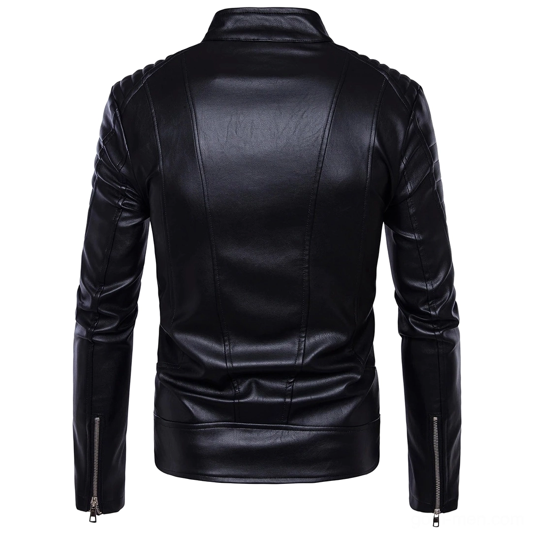 Black gothic punk jacket back view with stitched panels and cuff zippers