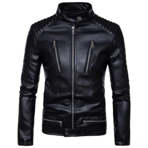 Black gothic punk zipper biker jacket front view with quilted shoulders and multiple metal zippers