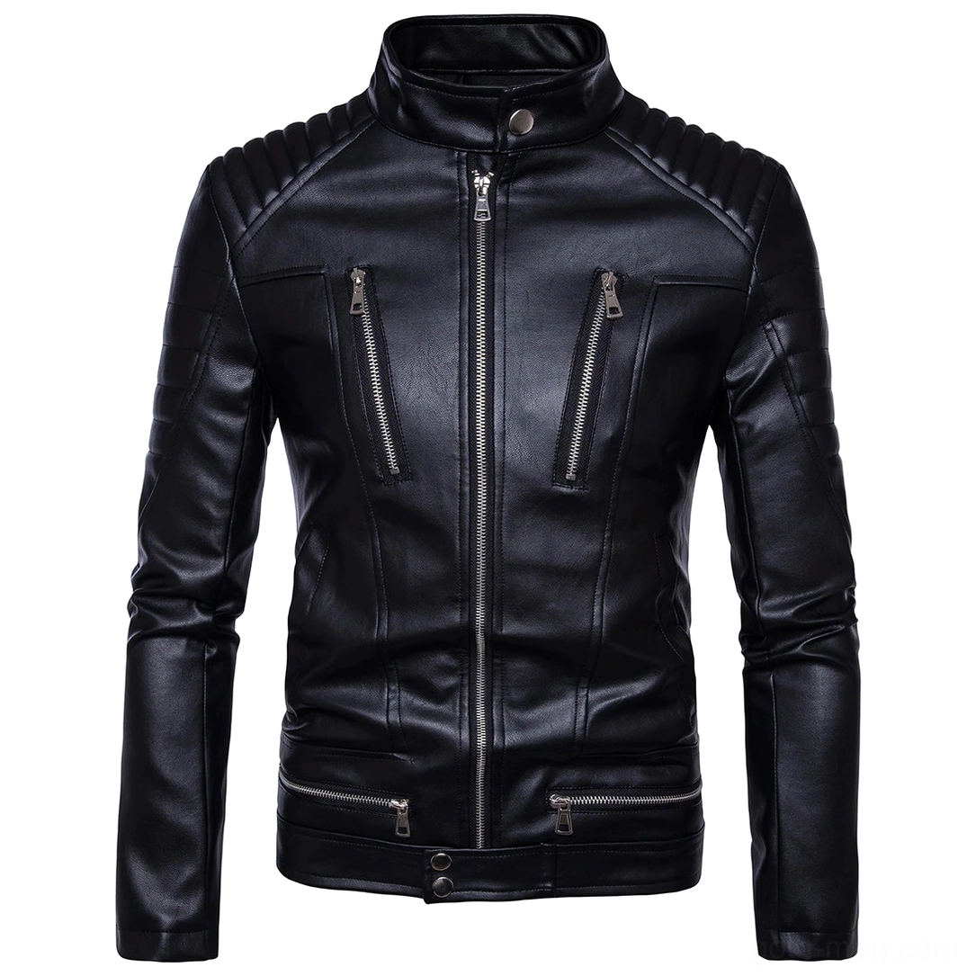 Black gothic punk zipper biker jacket front view with quilted shoulders and multiple metal zippers