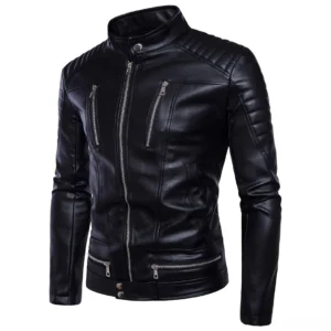 Black faux leather motorcycle jacket three-quarter angle showing stand collar and fitted silhouette