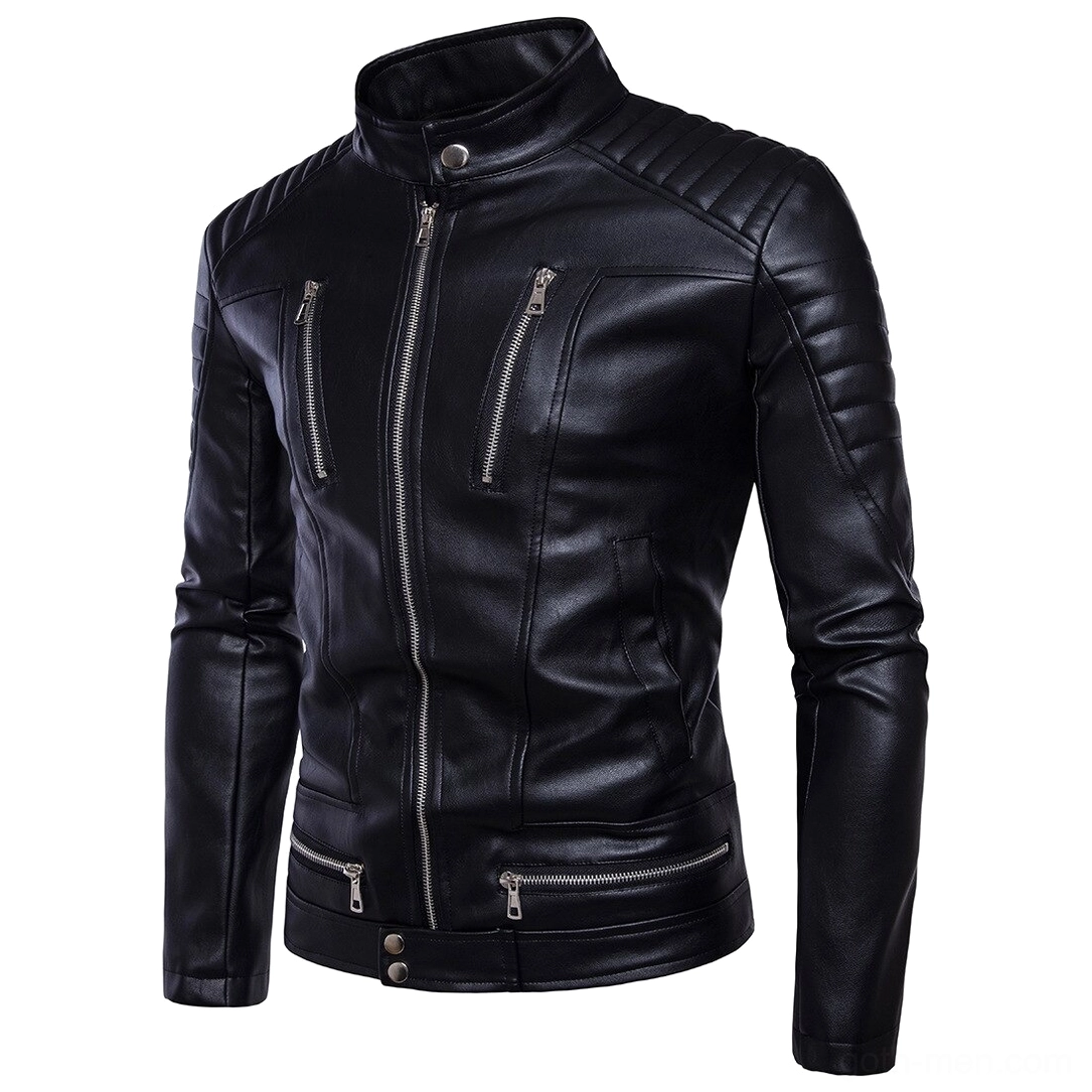 Black faux leather motorcycle jacket three-quarter angle showing stand collar and fitted silhouette