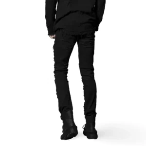 Black distressed gothic punk biker trousers - rear view with ripped details and leather accents
