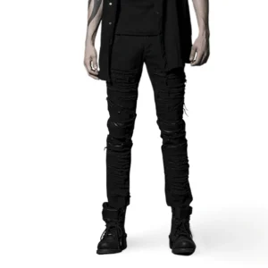 Black distressed leather patch gothic punk biker trousers for men - front view worn by tattooed model