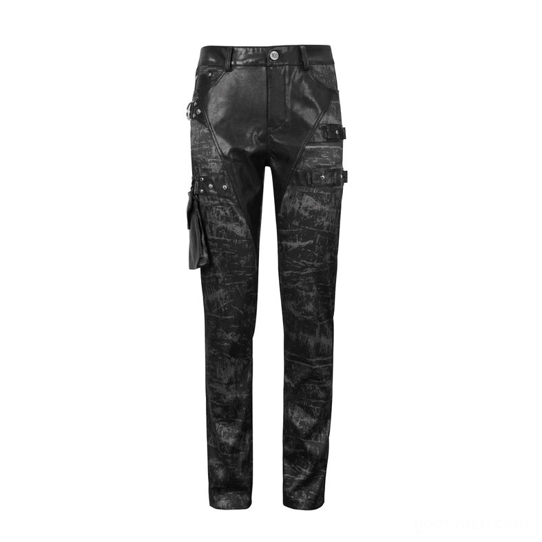 Black gothic punk cargo pants with detachable side pocket and distressed fabric texture, unworn front display