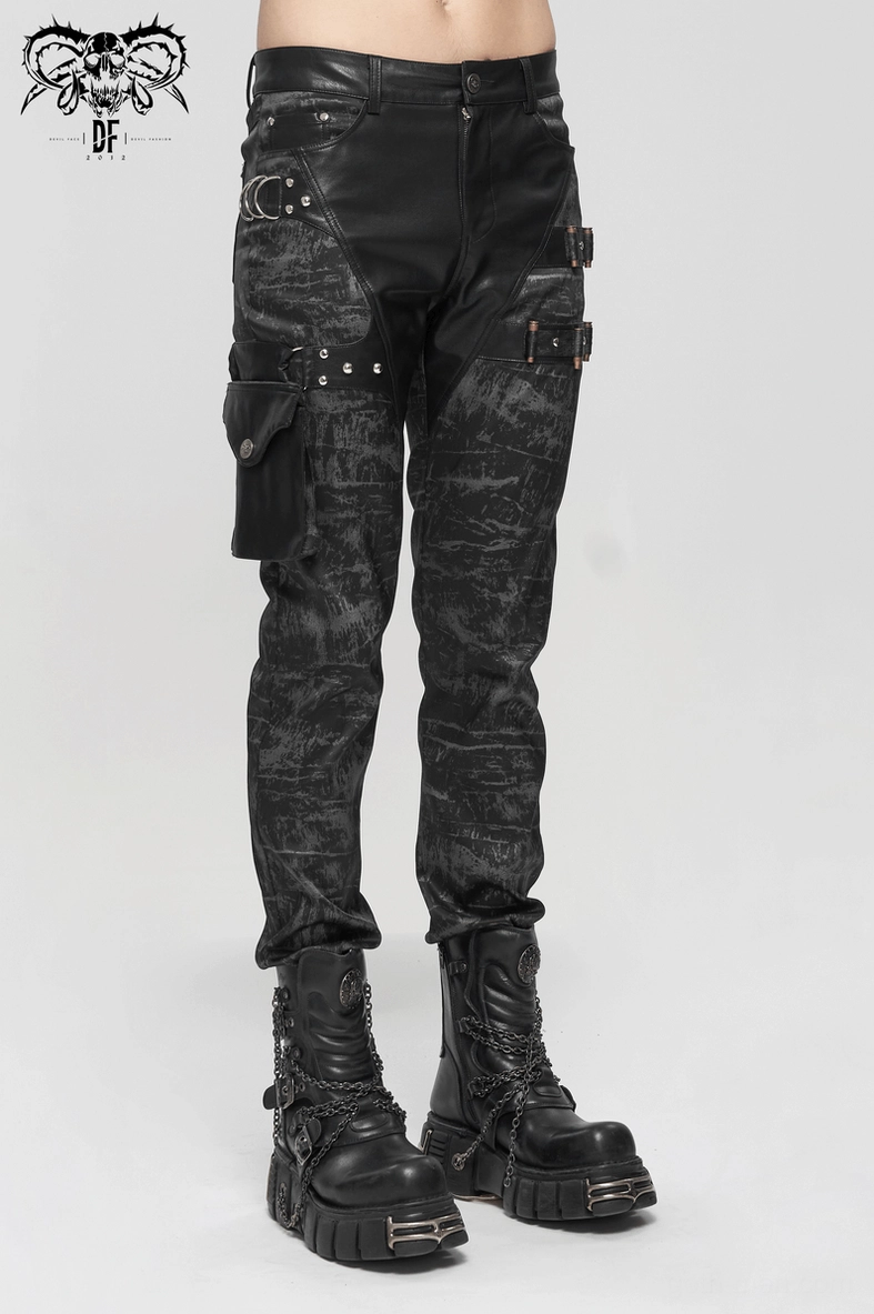 Gothic punk black cargo pants showing pocket placement and leather panel integration, display view