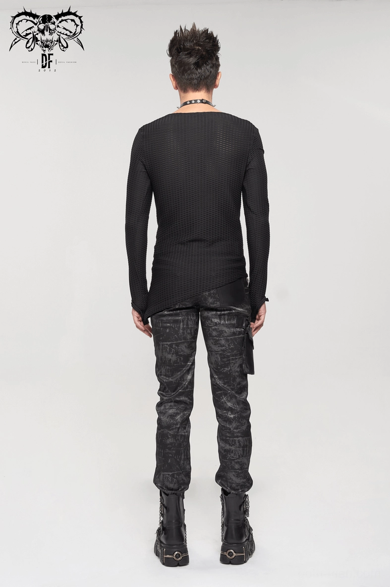 Gothic punk black men's pants with branded hardware and detachable pocket accessory, full view display
