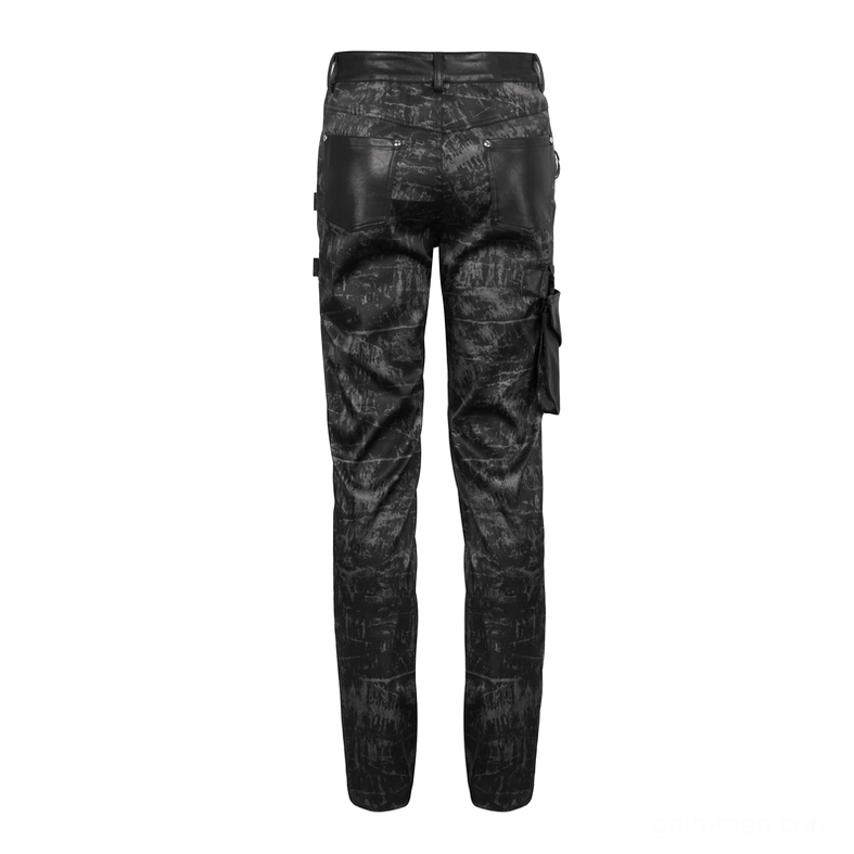 Black gothic punk cargo pants rear view showing back pockets and distressed leather details, unworn display