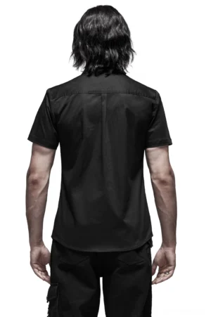 Black gothic punk short sleeve shirt rear view showing central back pleat and tailored fit