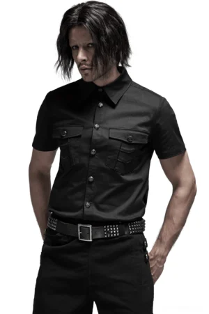 Black gothic punk short sleeve shirt front view with metal buttons and embossed chest pockets on model