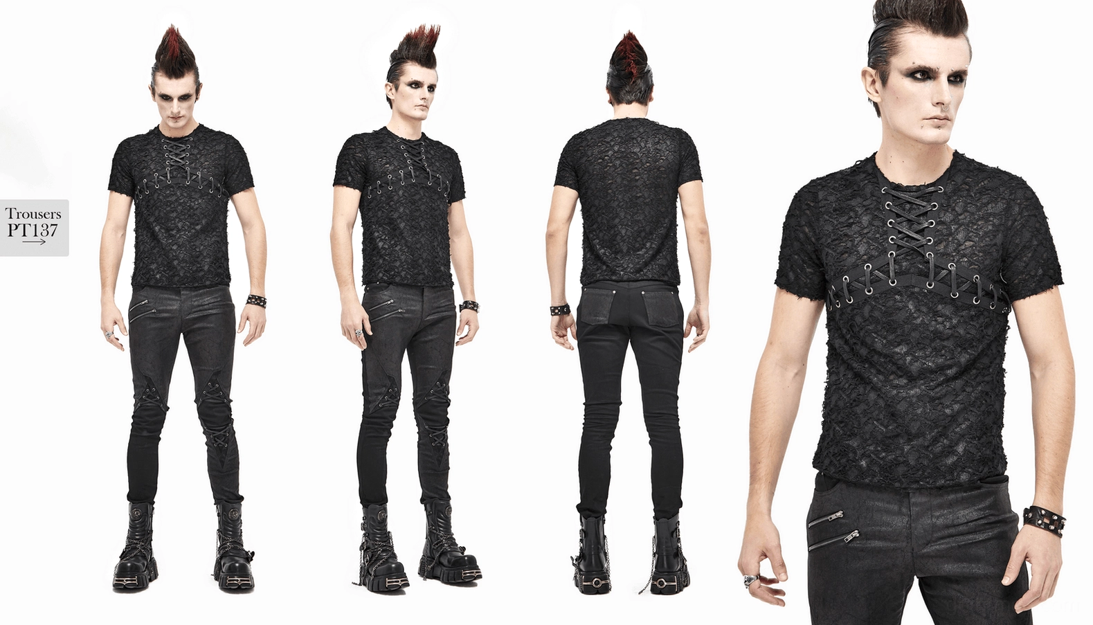 Alternative product photograph of gothic punk men's t-shirt emphasizing lace-up closure and slim silhouette