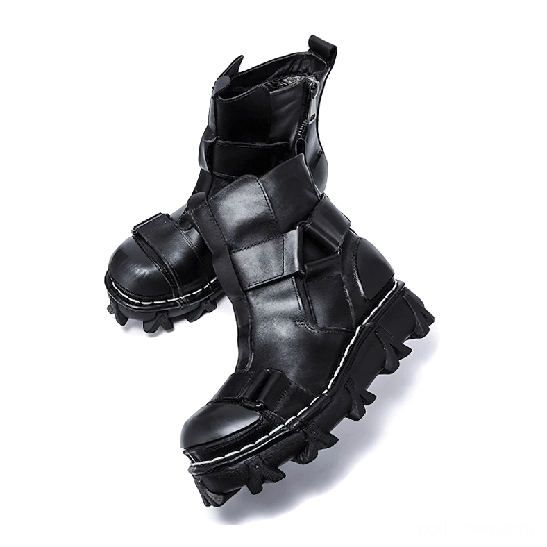 Buckle strap adjustability feature on gothic punk boots allowing customizable ankle fit and styling