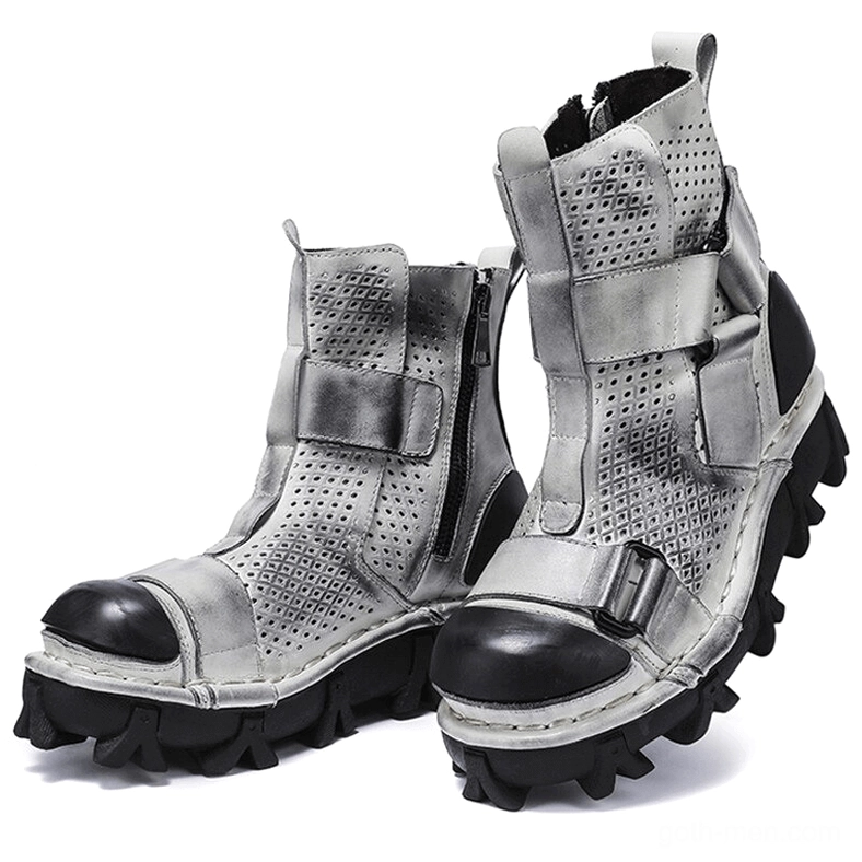 Contrast stitching detail on gothic punk boots reinforcing structure and adding visual design interest