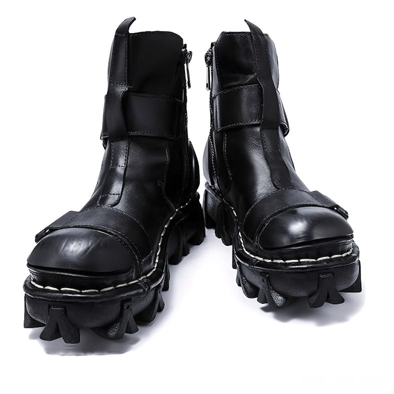 Lug-pattern rubber sole on gothic punk boots providing traction and durability for all-terrain wear