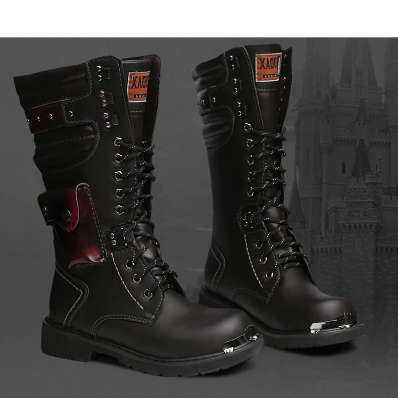 Gothic punk leather boots with red accent side pocket and metal decorative elements - front angle