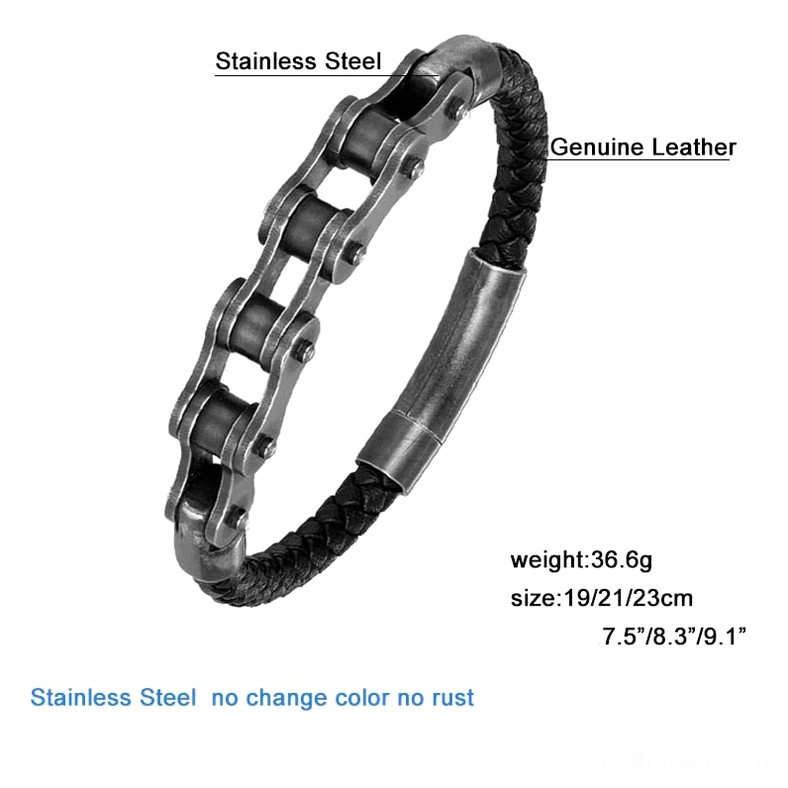 Black punk leather motorcycle bracelet on male wrist, close-up side view worn casually, demonstrating fit and matte black finish