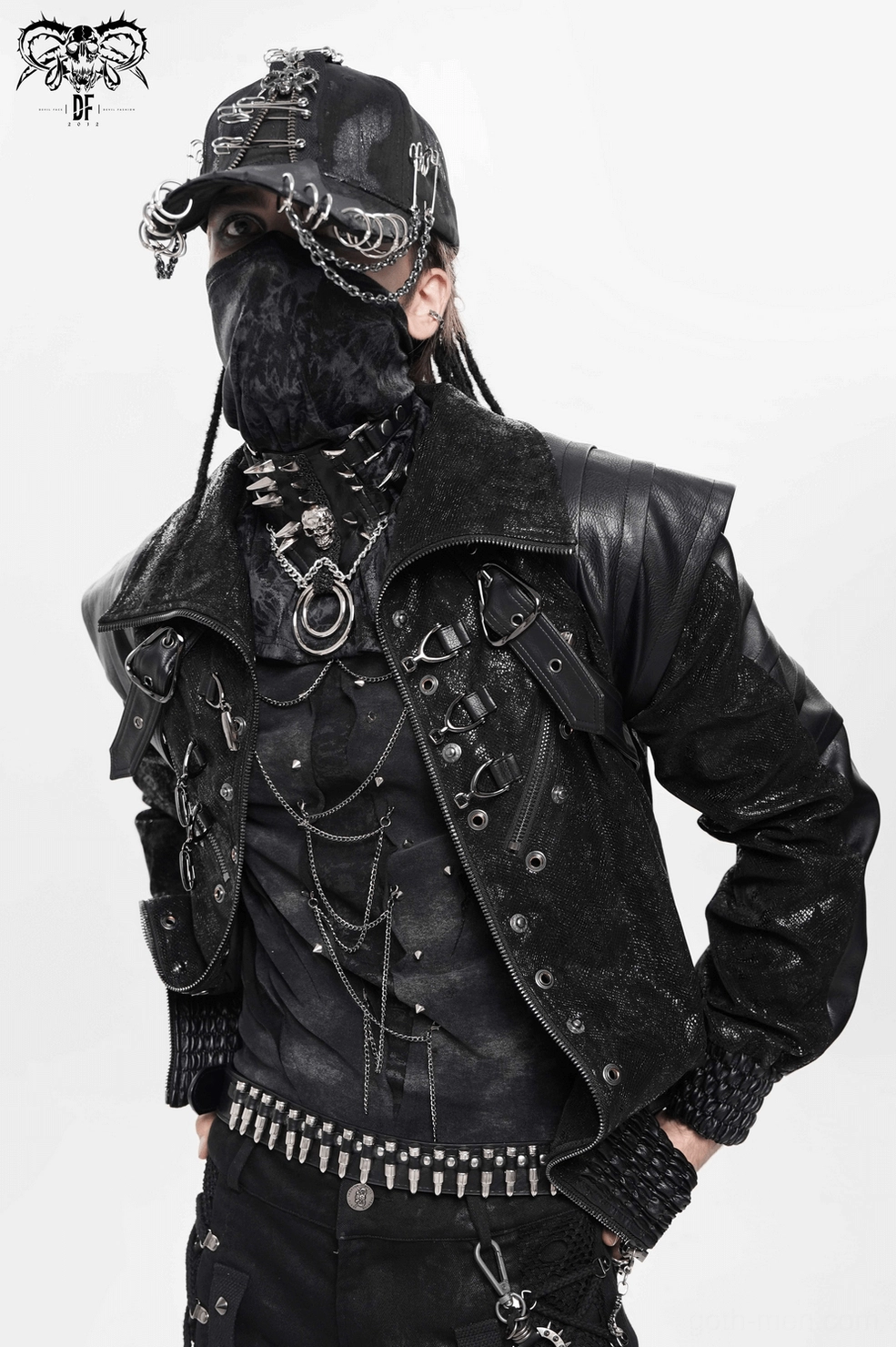 Gothic punk leather choker with four-buckle closure and metal chain details, product shot