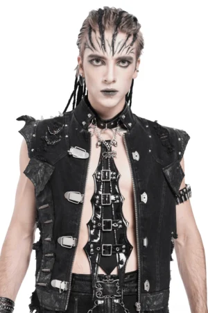 Black gothic punk choker with silver chains and skull charms worn by male model in studio setting