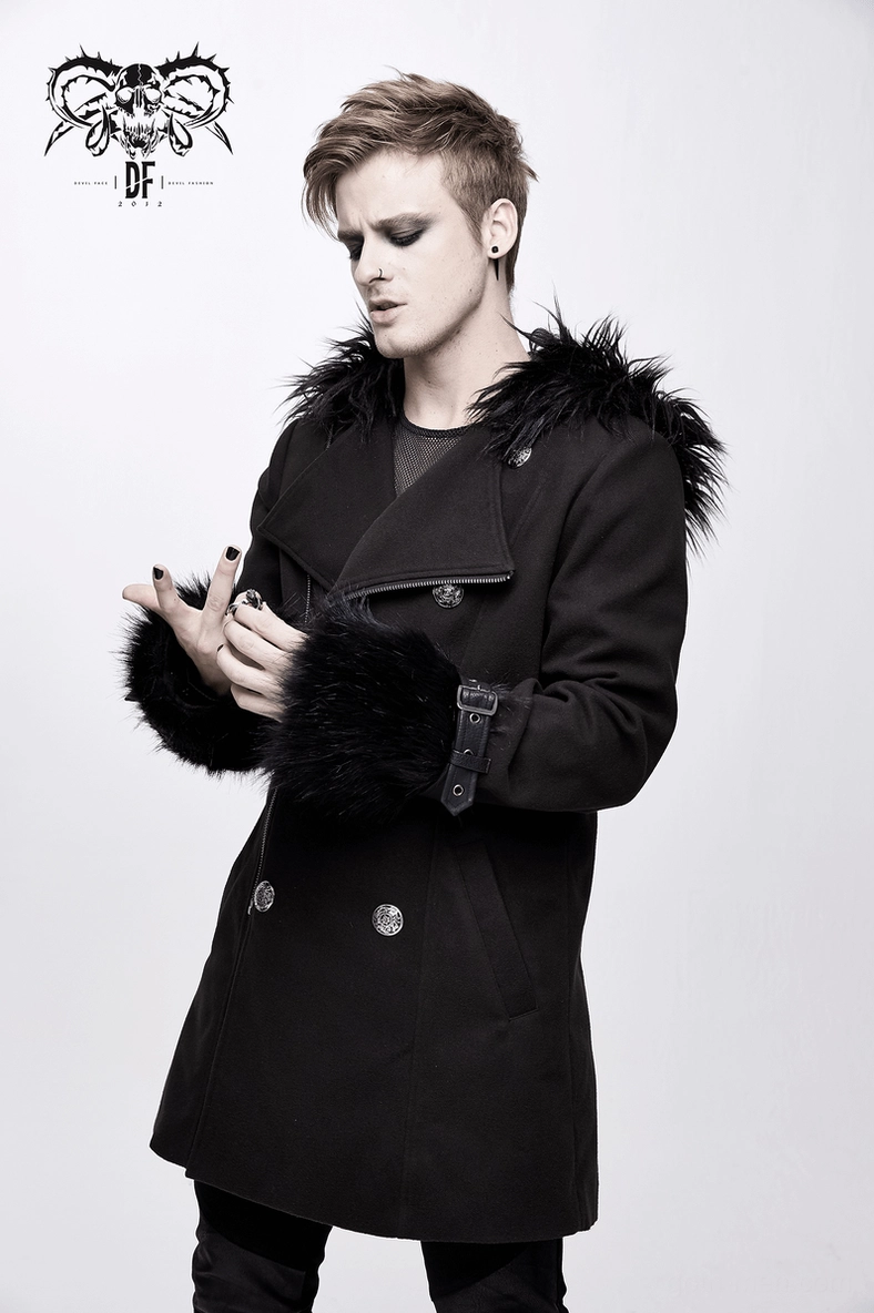 Men's black gothic punk coat styled with alternative goth fashion aesthetic